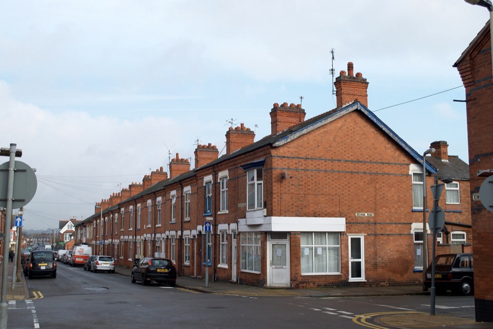 A row of Victorian red brick terraced houses on Devana Road in Leicester